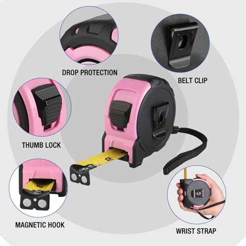 Easy Read Pink Retractable Tape Measure 25FT NYLON Coated Magnets Belt Clip Rubber Casing