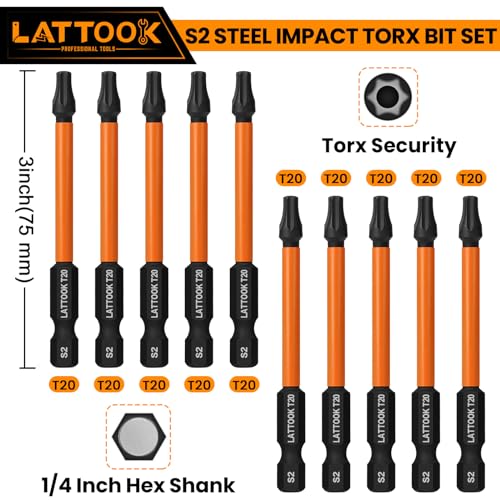 Professional 10-Piece T20 Torx Bit Set with Magnetic Tip, D2 Steel, 3" Long